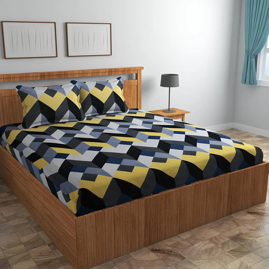 Homefab India 160 TC Glace Cotton Double BedSheet with 2 Pillow Covers -  - Black Grey, Checks